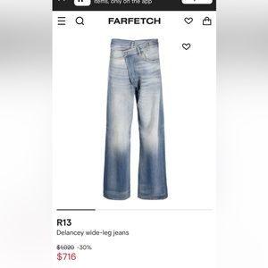 R13 Wide Leg Cross Over Jeans, Delancey, Sz 26, NWOT